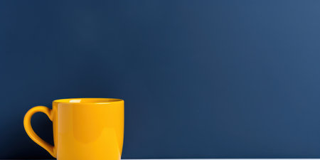 Cup of Morning Bliss: A Simple, Bright, and Minimalistic Ceramic Mug of Hot Drink on a Wooden Table with Blue Wall Background.の素材