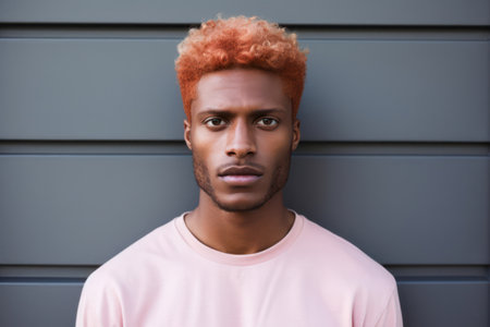 Confident Young Afro-American Man with a Serious Expression, Standing Outdoors in the City with a Stylish Beard and Fashionable Shirtの素材