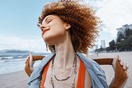 Smiling Woman on Beach, Embracing Natures Freedom