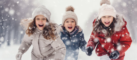 Snowy Family Fun: Smiling Girl Playing in Winter Wonderland with Siblings and Friendsの素材
