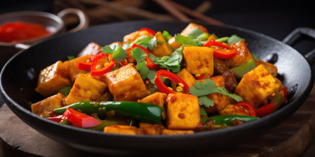 Delicious Stir-Fry: Healthy, Tasty, and Colorful Vegetarian Meal with Green Vegetables and Spicy Tofu on a Homemade Black Wooden Plate.の素材
