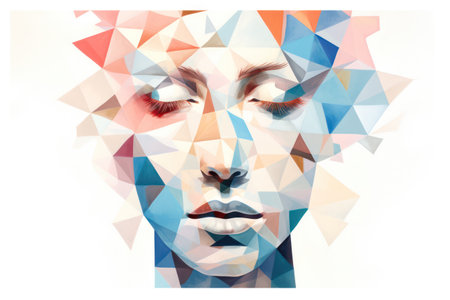 Abstract Beauty: Young Woman with Glamorous Profile in Red Watercolorの素材