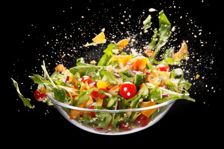 Delicious Fresh Salad with Tomato, Lettuce, and Vegetables on a White Plate, a Healthy and Tasty Green Dish for a Gourmet Lunch on a Wooden Backgroundの素材