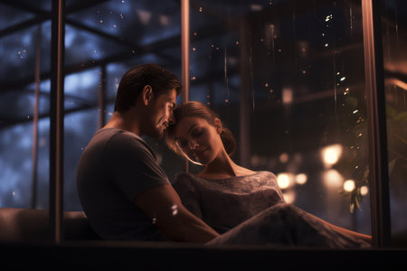 Sensual Embrace: A Romantic Couple Enjoying Intimate Togetherness in the Modern Bedroom.の素材