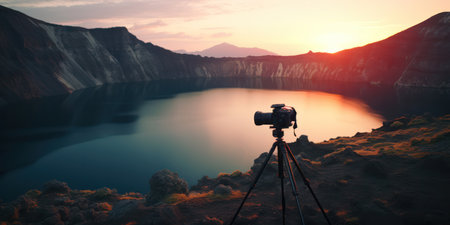 Silhouette of a Young Photographer Taking a Stunning Sunrise Landscape Photo with a Digital Camera and Tripod on a Beautiful Summer Vacation Trip, Capturing the Magnificent Mountain, Sun, and Ocean in the Background.の素材