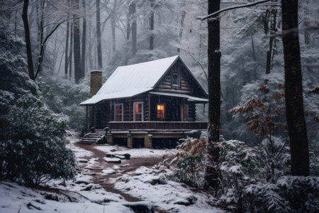 Winter Serenity: A Cozy Wooden Cabin nestled in a Snowy Forest Wonderlandの素材
