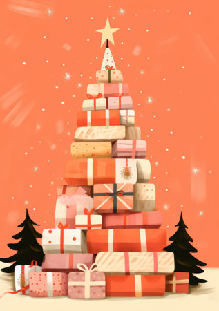 Joyful Christmas Celebration: Beautiful Winter Illustration with Snowflakes, Gifts, and Festive Decorations on Blue Backgroundの素材