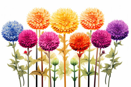 Colorful Floral Bouquet on Green Garden Background, Dahlia Blossom Watercolor Illustration, Botanical Decorative Artの素材