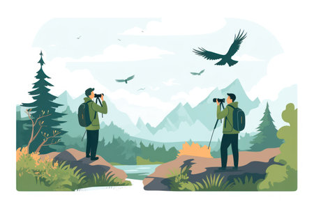 Serene Landscape: A Mans Journey to the Majestic Forest Mountains.の素材