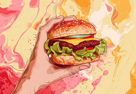 Juicy Burger Delight: A Retro Cartoon Illustration of a Tasty Cheeseburger with Grilled Beef, Fresh Lettuce, Tomato, and Cheese on a Sesame Bun, Set on a White Backgroundの素材