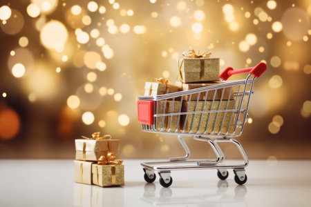 Christmas Cart Full of Surprises on a Festive Red Backgroundの素材