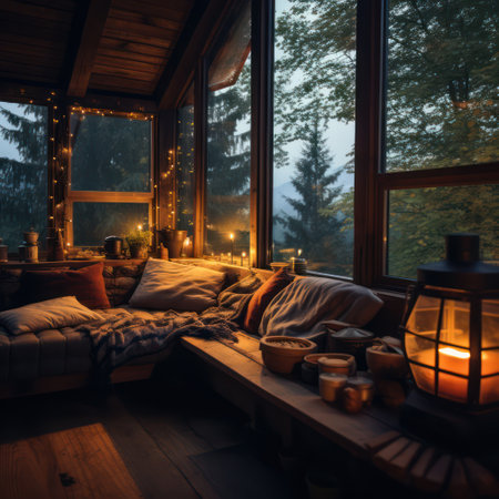 Cozy Haunted Cabin: A Beautifully Vintage House of Horrors with Glowing Lanterns and Scary Furniture.の素材