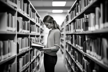 The Enlightened Scholar: A Beautiful Young Woman Standing in a University Library, Holding Books and Embracing Knowledgeの素材