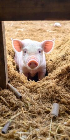 Adorable piglet with a curious snout, happily exploring a muddy pigpen in a rural farm field.の素材