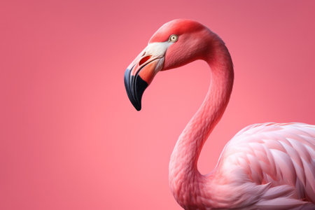 Colorful Exotic Beauty: A Close-Up Portrait of a Pink Flamingo, showcasing its Elegant Profile and Bright Plumage against a Blue Caribbean Background.の素材
