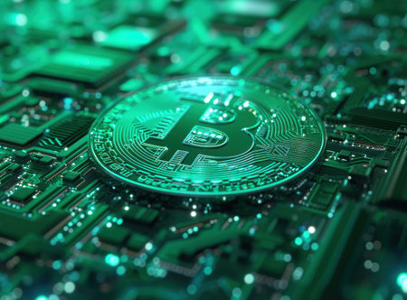 Digital cryptocurrency Bitcoin symbol on circuit board with green LED lights 3D ing illustration conceptの素材