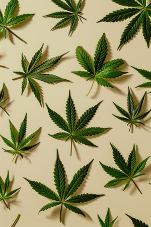Top view of green cannabis leaves on beige background flat lay composition for natural medicine conceptの素材