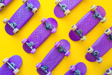 Vibrant Row of Purple Skateboards on Bright Yellow Background In Skateboard Shop Displayの素材