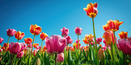 Vibrant tulip field under blue sky a colorful display of natures beauty and eleganceの素材