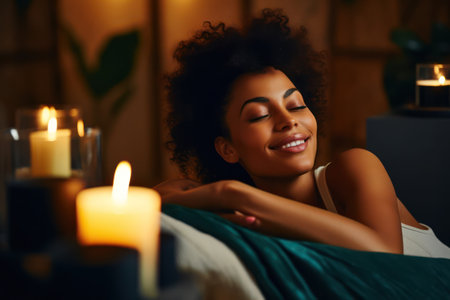 Relaxed Afro-American Woman Enjoying Morning Beauty Routine at Home in Calm and Comfortable Bedchamberの素材