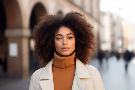 Cheerful Afro-American Woman Enjoying City Life: Happy, Stylish, and Confident in Urban Backgroundの素材