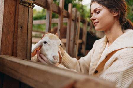 A woman is petting a goat behind a fence in an animal farm bÃ³kの写真素材