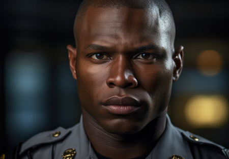 Confident African American Man with Serious Expression, Isolated on Black Backgroundの素材