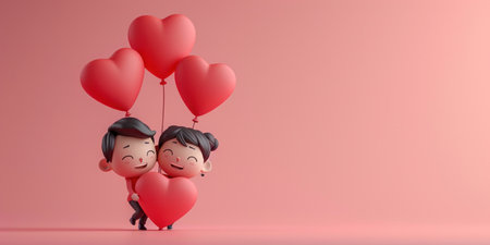 Romantic couple holding heart shaped balloons on pink background, Valentines Day concept 3D illustration of love and affectionの素材