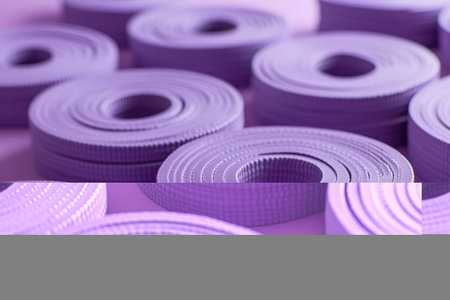 Close Up of Purple Rubber Yoga Mats on Pink Background for Yoga and Fitness Practice and Meditation Sessionsの素材