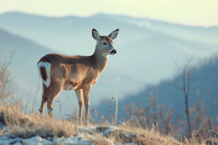 Majestic deer standing on hilltop with mountains in background, gazing into the distanceの素材