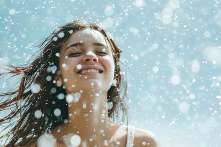 Joyful young woman enjoying a snowy day with wind blowing her hair and snowflakes falling on her faceの素材