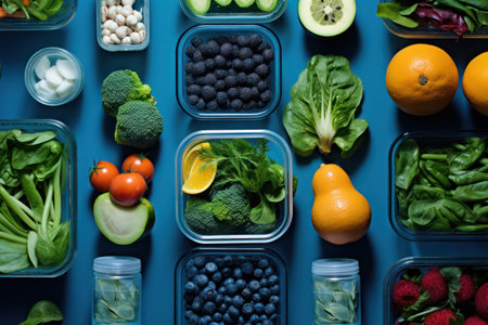 Fresh, Healthy Food Set on Wooden Table: Organic Broccoli, Green Apple, Tomato, Orange, Lemon, Raw Cabbage, Pepper, Kiwi, Avocado, Nuts, Grapefruit, and Berries. Vibrant and Nutritious Ingredients for a Detox Diet Concept.の素材