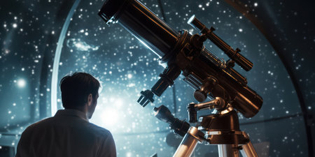 Starry Night: Mans Discovery of the Universe, Watching with Telescope, in Tranquil Cosmic Backgroundの素材