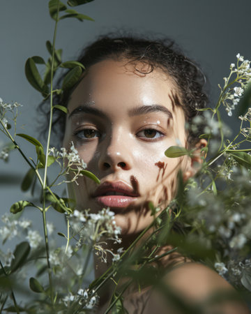 Young, Attractive Caucasian Woman with a Pretty Smile surrounded by Floral Beautyの素材