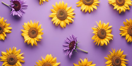 Top view of vibrant purple and yellow sunflowers arranged on a purple background, flat lay floral compositionの素材