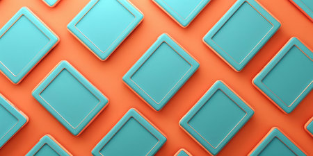 Bright and vibrant 3D ing of geometric diamond shapes on orange and turquoise backgroundの素材