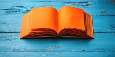 Open orange book on blue wooden table top view with copy space for text, education and reading conceptの素材