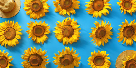 Circle of sunflowers with a hat in the center on a blue background, floral arrangement conceptの素材