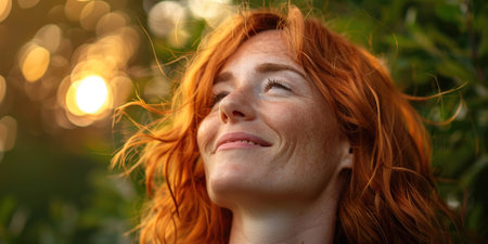 Happy woman with red hair smiling and looking up at the sun in the background portrait in nature conceptの素材