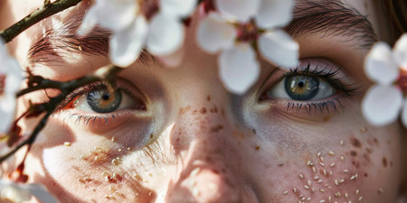 Closeup portrait of a woman with freckles and flowers in her hair, natural beauty conceptの素材
