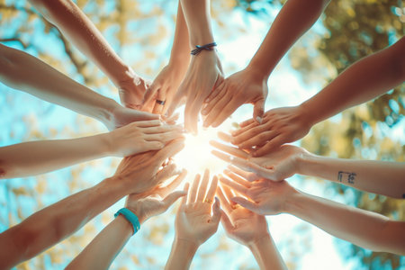 Diverse group of people forming a circle with hands together against bright sunlight in background, unity and teamwork conceptの素材