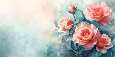Pink Roses painting on Blue and Green background with Copy Space for Text, Floral Artwork for Greeting Cards and Design Projectsの素材