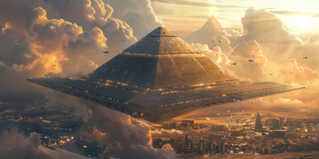 Mysterious Alien Spaceship Soaring Above Cityscape with Clouds and Ancient Pyramid in Backgroundの素材