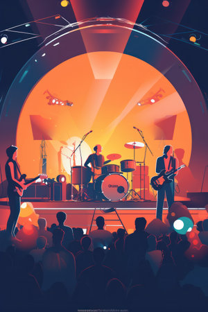 Rocking the Stage: A Dynamic Concert performance by a Guitar-playing Musician with a Passionate Crowd and Vibrant Lightingの素材