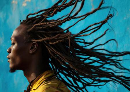 Portrait of a Young Man with Dreadlocks Standing Against a Blue Wall with Wind Blowing Through His Hairの素材