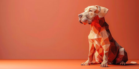 Dog sitting on geometric patterned orange background with unique design on headの素材