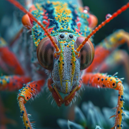 Vibrant close up of colorful grasshopper with red, yellow, and green colors on nature backgroundの素材