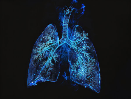Detailed 3D Illustration of Human Lungs with Blue Glow on Black Background for Medical and Scientific Concepts and Designsの素材