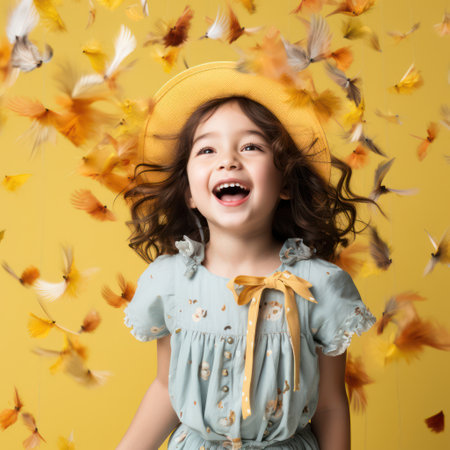 Happy Childhood Celebration: Cute Little Girl Holding a Colorful Confetti, Smiling with Joy, Surrounded by Autumn Leaves in a Bright Parkの素材