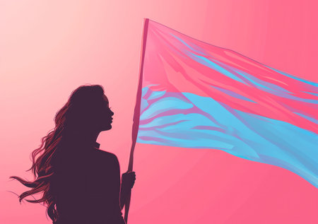 Abstract Silhouette of Woman Holding Blue and Pink Flag on Pink Background Symbolizing Gender Equality and Diversityの素材